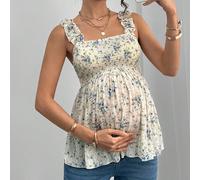 Canottiera premaman a-line senza maniche con volant sull'orlo, con spalline larghe e raccolta sia davanti che dietro L,M,S,XLstampa dappertutto,Stampa CasualeTessuto intrecciato