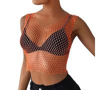 Canottiera sexy da donna con strass in rete trasparente a crop top stampato camicie da donna, Colore: arancione., L