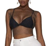 Canottiere da donna glitterate, top corti neri sexy in rete con diamanti scavati, top corti con strass trasparenti per abiti festival club rave, camicetta corta clubwear copertura cristalli diamanti
