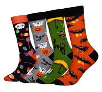 Cansok EUR 42-46 Calzini da uomo Pipistrello Gatto Nero Uccello notturno Zucca Halloween Caramella novità dell'equipaggio al polpaccio del vestito confezione da 4
