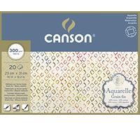 CANSON Aquarelle - Blocco per acquerelli, collati 4 lati, 23 x 31 cm, 20 fogli 300g/m2 grana fine