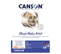 Canson Mix Media Artist, Blocco carta collato lato corto per tecniche miste, A4, 25 fogli, 300gm, grana fine