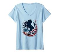 Cantante Star Spangled Maglietta con Collo a V, Donna, Celeste, L