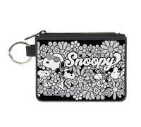 Canvas Zipper Wallet MINI X-SMALL Snoopy Poses and Daisy Flowers Collage Black/G