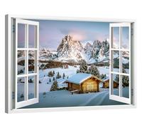 canvashop Quadri Montagna Con Finestra 100X70 Cm Dolomiti Stampe Da Parete Su Tela Canvas Arredo Casa Moderni Soggiorno (Alpe di Siusi neve)