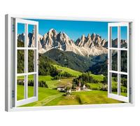canvashop Quadri Montagna Val di Funes Estate Con Finestra 100X70 Cm Dolomiti Stampe Da Parete Su Tela Canvas Arredo Casa Moderni Soggiorno