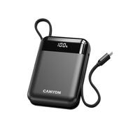 CANYON OnPower 104 - Power Bank 10000 mAh, 22,5 W, ricarica rapida, 20 W PD, cavo USB-C e Lightning integrato, display digitale, compatibile con aeree, nero