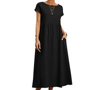 caoxhenr Abito lungo casual da donna a maniche corte allentato abito da donna in cotone e lino abito estivo taglie forti con tasche, Bk, XXXL