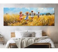 CAOXTART Bambini felici e gioiosi che corrono, stampe di poster di campi di fiori selvatici, stampe su tela rustiche sulla felicità, opere d'arte per la casa (70x210 cm/cornice interna)