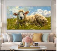 CAOXTART Dipinto a olio di pecore in un campo estivo, poster con stampa di paesaggi, quadri su tela con animali da fattoria, arredamento per la casa in stile fattoria (55x110 cm/senza cornice)