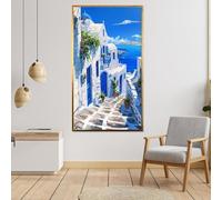 CAOXTART Dipinto su tela di un villaggio greco bianco e blu, decorazione murale di Santorini, poster e stampe di paesaggi mediterranei, decorazione per la casa (65x120 cm/senza cornice)
