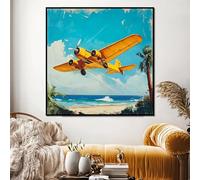 CAOXTART Quadro su tela vintage con aereo giallo, arte murale, quadri di volo sulla spiaggia, poster e stampe di aviazione, per l'arredamento della stanza (45x45 cm/senza cornice)