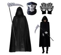 Capa de vampiro con capucha de la muerte - Disfraz la Parca | Tú negra con capucha y guantes para Halloween, bruja, mago, brujo, hechicero y mascarada, ideale per juegos rol adultos.