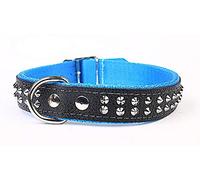 Capadi K0223 Collare per Cani Decorato con Borchie in Vera Pelle Resistente Foderato con Nylon Resistente, Blu, Larghezza 30 mm, Lunghezza 56 cm