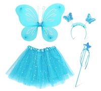 Capaneus Costume Farfalla Bambina,Blu Ali Fatina Principessa Vestito Costume Set - Bacchetta Magica, Abito, Cerchietto e Ali Di Farfalla