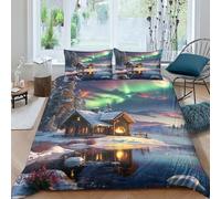 Capanna dell'Aurora Microfibra Copripiumino Lenzuola Letto Motivo Per Bambini Adulto Set Biancheria,Matrimoniale Con 3 Pezzi Paesaggio polare Copripiumino,Anti-acaro Facile Da Curare doppio（200x200cm）