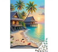 Capanna Tropicale sulla Spiaggia Puzzle 1000 Pezzi Carta per Adulti Scenario Tramonto Gioco di Puzzle 1000 Pezzi Decorazione Regalo 70x50cm/1000pcs