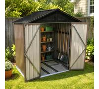 Capanno da giardino in metallo da 1,8 x 1,2 m con tetto a punta in marrone e nero come cuscinetto esterno, telaio del pavimento integrato, superficie di base 1,95 m².