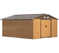 Outsunny Casetta da Giardino 12.4m² con Fondazione, 4 Prese d'Aria e 2 Porte Scorrevoli, Capanno Porta Attrezzi in Lamiera d'Acciaio, 340x386x200 cm, Giallo