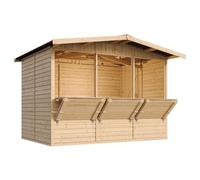 Capanno in Legno, Capanno Espositore in Legno, Chiosco da giardino per bar, TRE FINESTRE 336x263 cm/6 m2 Stand di vendita con bancone, Multifunzione cabina da giardino TIMBELA M150A