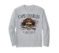 Cape Charles Virginia Pirate Skull Since 1607 Nero Maglia a Manica