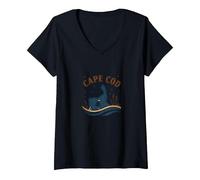 Cape cod Nautico Notte Scena Costiera Maglietta con Collo a V, Donna, Nero, XL