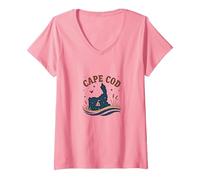 Cape cod Nautico Notte Scena Costiera Maglietta con Collo a V, Donna, Rosa, XXL