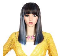 CAPELLI Parrucca in fibra resistente al calore di seta nera con scoppi senza sciocco parrucca sintetica a bob corta con luci blu parto parrucche da cosplay giornaliere for donne