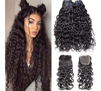 Capelli Ricci Veri Umani Extension 100% Remy Brasiliani Naturale Ricci Human Hair Bundles with closure 22 24 26 + 20 Pollice Long Water Wave Human Hair Bundles with Closure