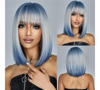 Capelli Sintetici Lisci Di Media Lunghezza Blu Bianco Ombre Con Frangia Parrucca Cosplay Bob Corto Per Le Donne Festa Quotidiana Resistente Al Calore