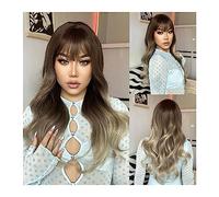 Capelli Sintetici Ombre marrone biondo ondulato lungo parrucche sintetiche con frangia Parrucca di capelli di cenere grigia naturale for le donne Cosplay quotidiano resistente al calore Parrucca sinte