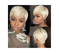 Capelli Sintetici Parrucca corta a strati con taglio biondo, parrucca di capelli umani 613#, parrucche Pixie con capelli lisci e frangia Parrucca sintetica