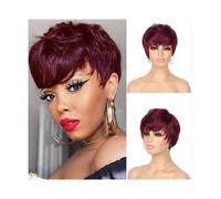 Capelli Sintetici Parrucca corta castana, parrucche di capelli umani castano cioccolato, parrucche corte con taglio pixie e frangia Parrucca sintetica(Red)