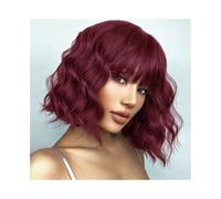 Capelli Sintetici Parrucca corta rossa con frangia, ondulata e profonda, 100% capelli umani, for donne Parrucca sintetica(22inches)