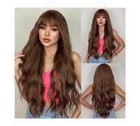Capelli Sintetici Parrucca di capelli sintetici marrone rame ondulato lungo con frangia for donne nere Onda del corpo marrone scuro Cosplay Capelli naturali resistenti al calore Parrucca sintetica
