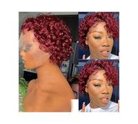 Capelli Sintetici Parrucca frontale in pizzo 13x1 con capelli umani, parrucca indiana Remy prepizzicata e caschetto corto Parrucca sintetica(Burgundy)