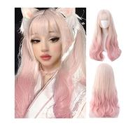 Capelli Sintetici Parrucca riccia ondulata lunga con frangia, parrucca ondulata rosa chiaro sfumato biondo for donne ragazze parrucche sintetiche resistenti al calore for cosplay di Halloween Parrucca
