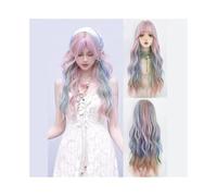 Capelli Sintetici Parrucca sintetica lunga e ondulata con riflessi rosa, verdi e blu, con frangia, soffice e for feste quotidiane Parrucca sintetica