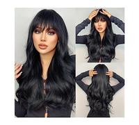 Capelli Sintetici Parrucca sintetica ondulata lunga nera naturale con frangia for le donne Parrucche castano scuro ondulate del corpo Cosplay Capelli quotidiani resistenti al calore Parrucca sintetica