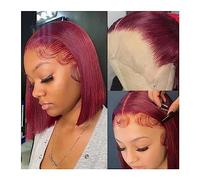 Capelli Sintetici Parrucche for capelli umani caschetto corto trasparente bordeaux HD parrucca anteriore in pizzo 13x6x1 rossa diritta for donna pre pizzicata Parrucca sintetica(8inches 1PC)