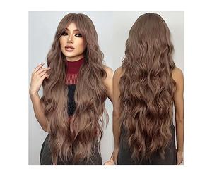 Capelli Sintetici Parrucche sintetiche marroni ondulate lunghe e ricci con frangia Cosplay Party Halloween Capelli afro naturali for donne bianche resistenti al calore Parrucca sintetica