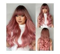 Capelli Sintetici Parrucche sintetiche ondulate lunghe rosa grigio con frangia for donne bianche Onda cosplay naturale Parrucca rosa cenere nera Fibra resistente al calore Parrucca sintetica