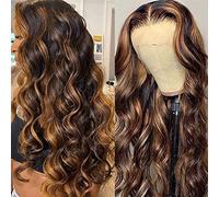 Capelli umani Capelli umani Highlight Ombre T Part Parrucca frontale in pizzo Onda Riccia Parrucche di capelli Remy brasiliani for donne nere Pre pizzicate 8-34 pollici in ondulato(150%,28inches)