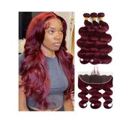 Capelli Veri Tessitura Bundle di capelli umani bordeaux 99J con trama frontale doppia, tessuto brasiliano Remy, onda del corpo 2/3/4, bundle con pizzo frontale 13x4 Extension Capelli Umani(18 20 22 Cl