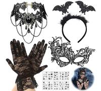 Capgoost Cerchietto per capelli, Halloween, pipipistrello ragno, maschera nera in pizzo con tatuaggio per il viso di Halloween, fascia per capelli in peluche a pipipistrello, maschera veneziana da