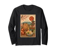Capibara Mangiare Ramen in Un Kimono Cherry Blossoms Monte Fuji Maglia a Manica