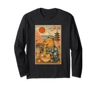 Capibara Mangiare Ramen in Un Kimono Mount Fuji Cherry Blossom Maglia a Manica