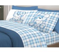 CapitanCasa Set Completo Lenzuola in 100% Cotone Linea Pensieri Delicati Orsetto Tartan Primavera Singolo Azzurro