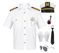 Capitano, costume da capitano, costume da marinaio, con cappello marino, fischietto, occhiali da sole, cravatta, spilla, guanti, costume da uomo, Halloween, carnevale (M)