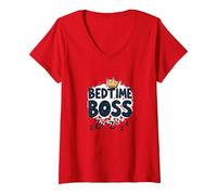 Capo della buonanotte: Freak in The Sheets Funny Sleepy Crown Maglietta con Collo a V, Donna, Rosso, M